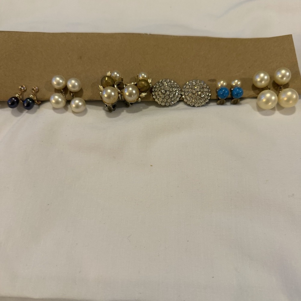 Lot‎ of 6 Pairs Vintage Clip On Earrings Majorica 12K Rhinestone Faux Pearl